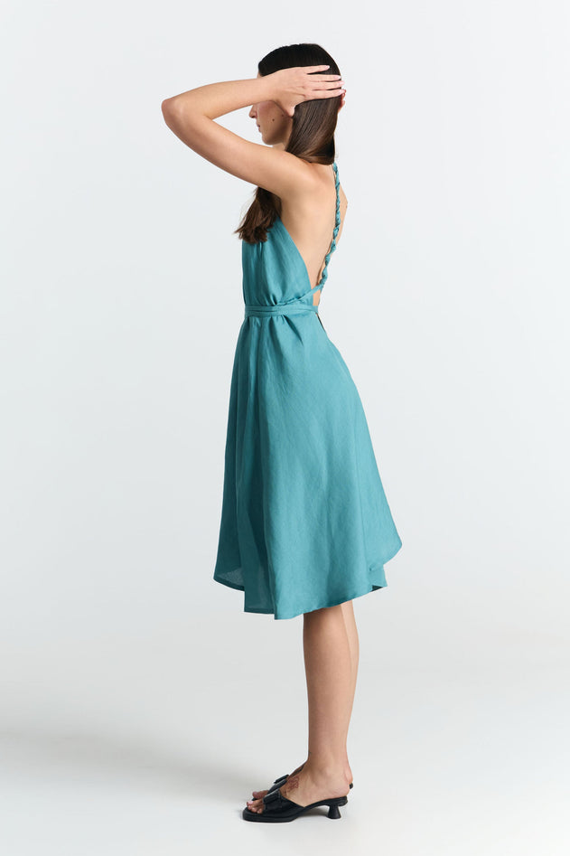 Multiposition Short Linen-Viscose Dress Blue