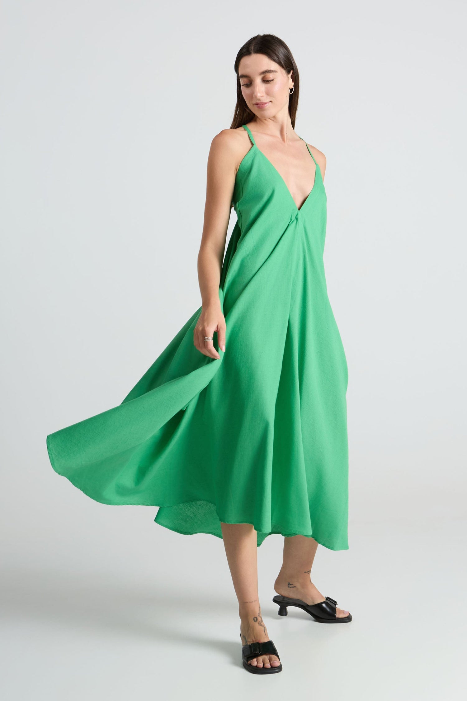 Multiposition Midi Cotton-Linen Dress Green