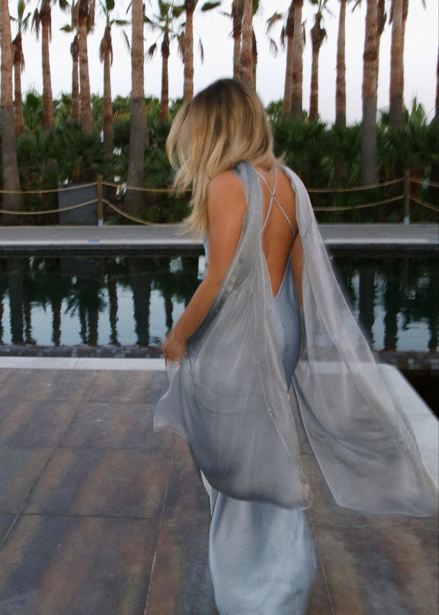La Mar Satin Gown with Sheer Shawl Baby Blue