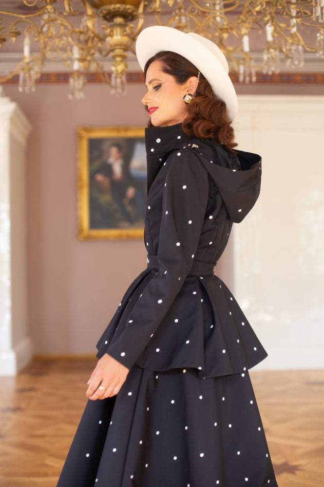 Fit and Flare Raincoat with A-Line Hem Polka Dots Black