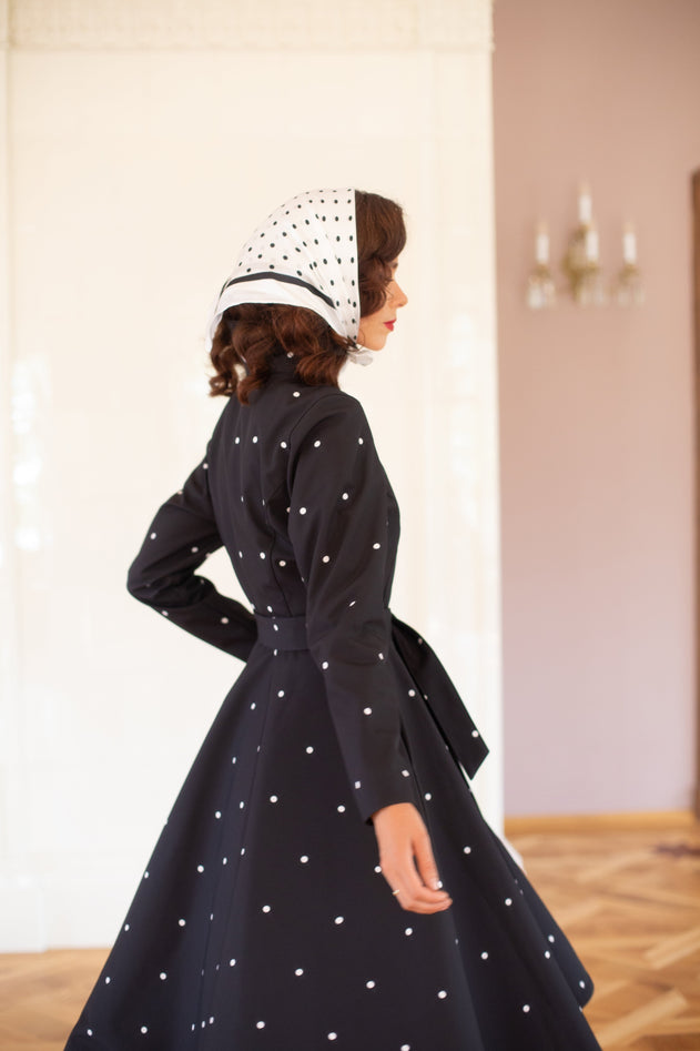Fit and Flare Raincoat with A-Line Hem Polka Dots Black