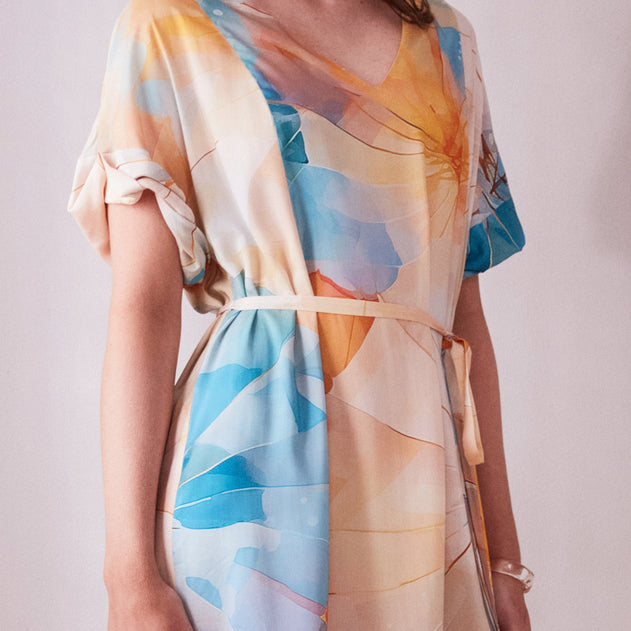 Short V-Neck Day Dress Umbrella Print