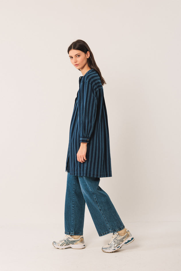Pleated Cotton Shirt Dress Blue
