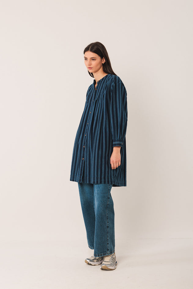 Pleated Cotton Shirt Dress Blue