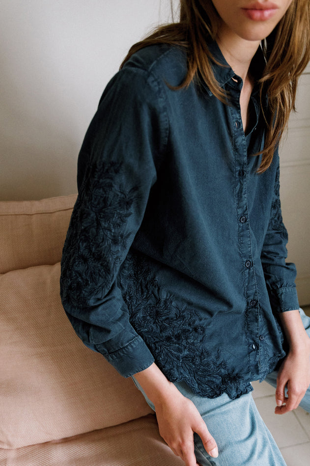 Embroidered Voile Shirt Blue