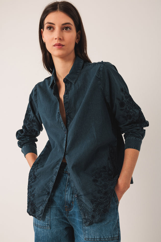 Embroidered Voile Shirt Blue