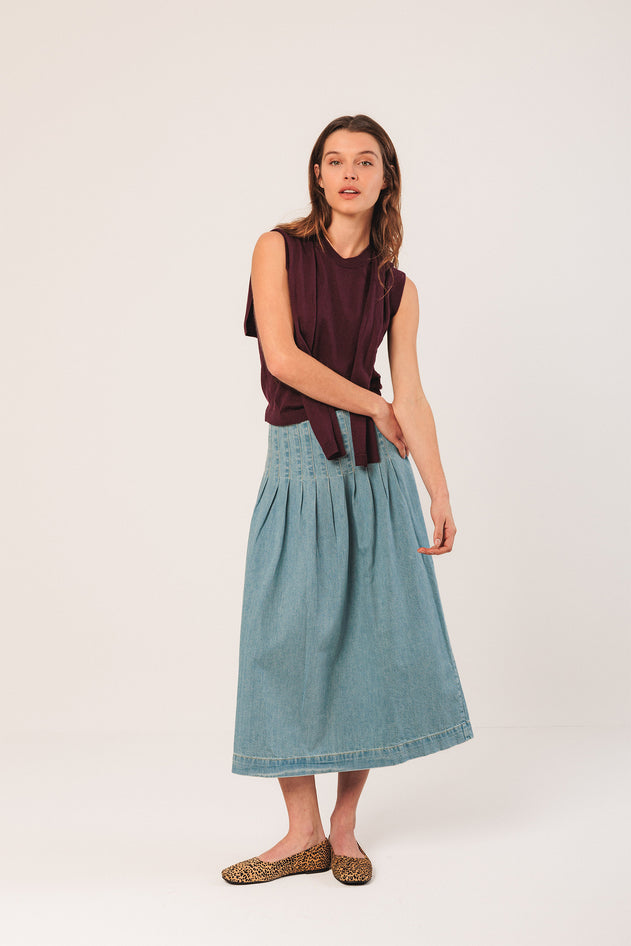Pleated Denim Skirt Blue