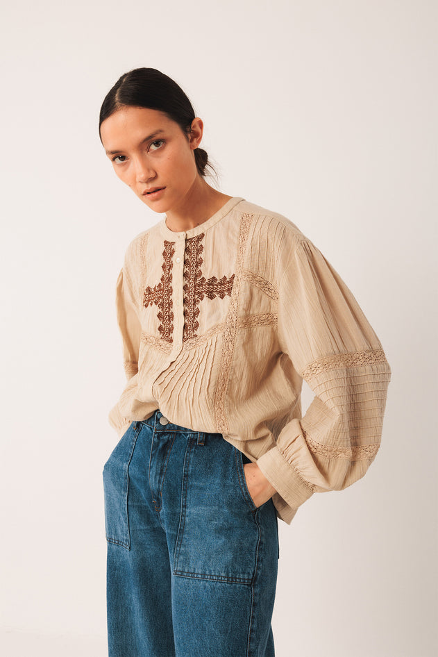 Ethnic Embroidered Shirt Beige