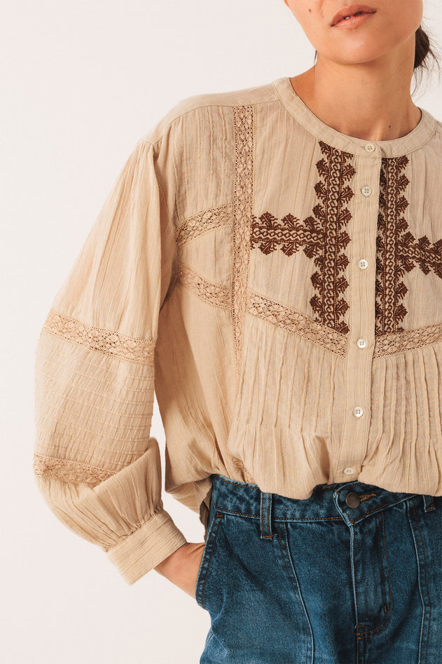 Ethnic Embroidered Shirt Beige