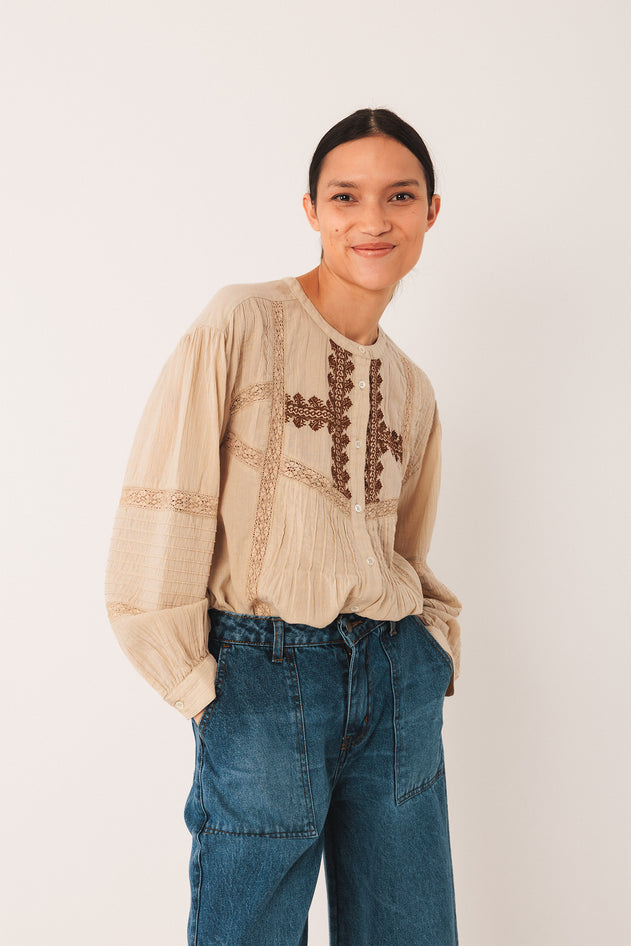 Ethnic Embroidered Shirt Beige