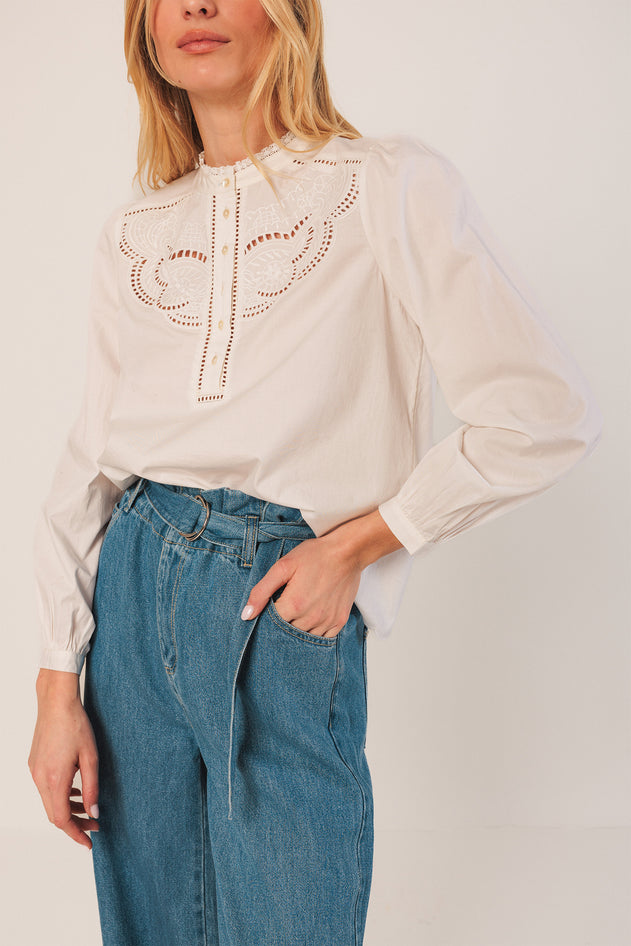 Embroidered Trimmed Blouse White