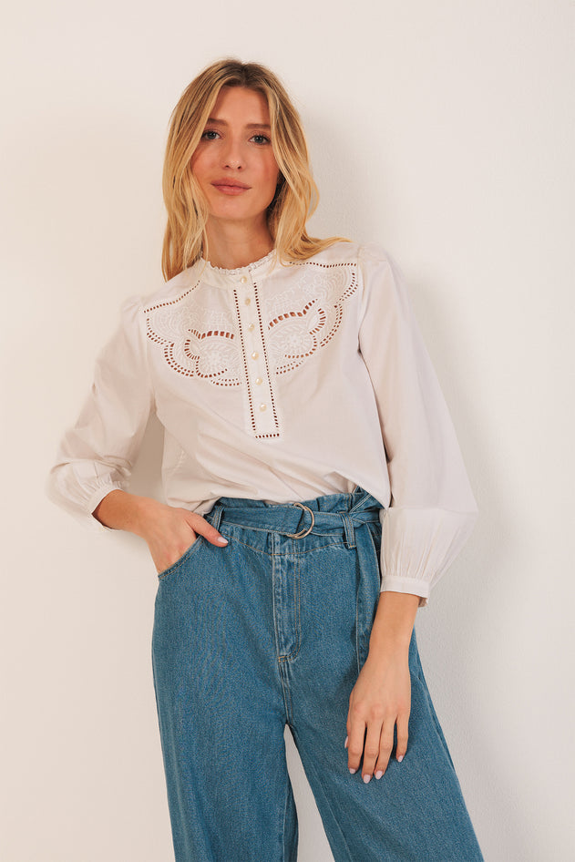 Embroidered Trimmed Blouse White
