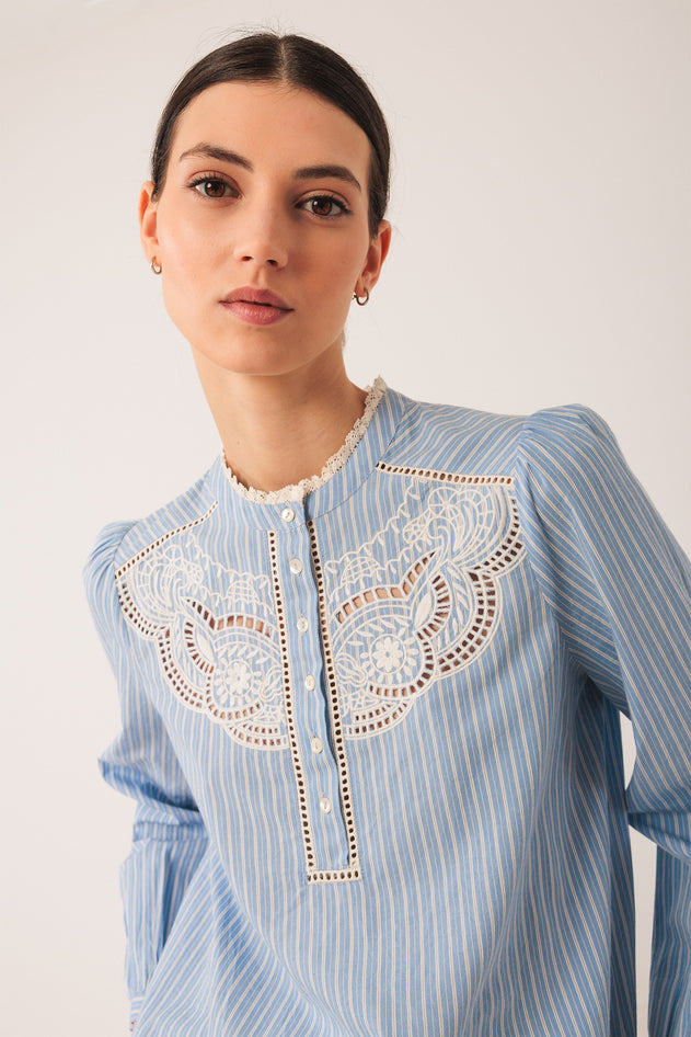 Embroidered Poplin Blouse Blue
