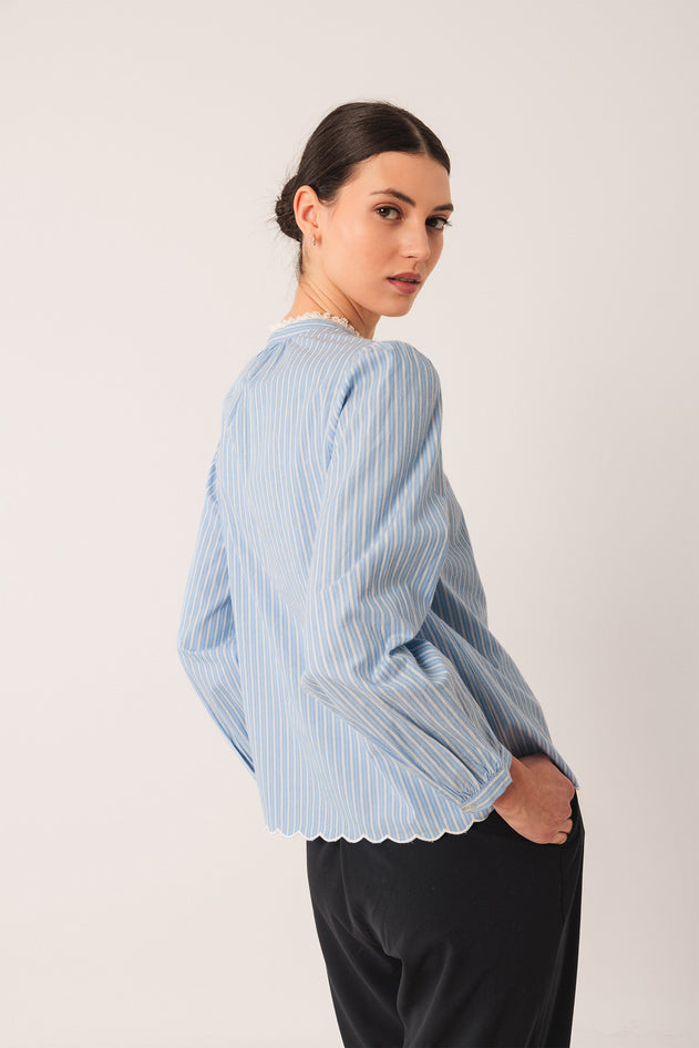Embroidered Poplin Blouse Blue