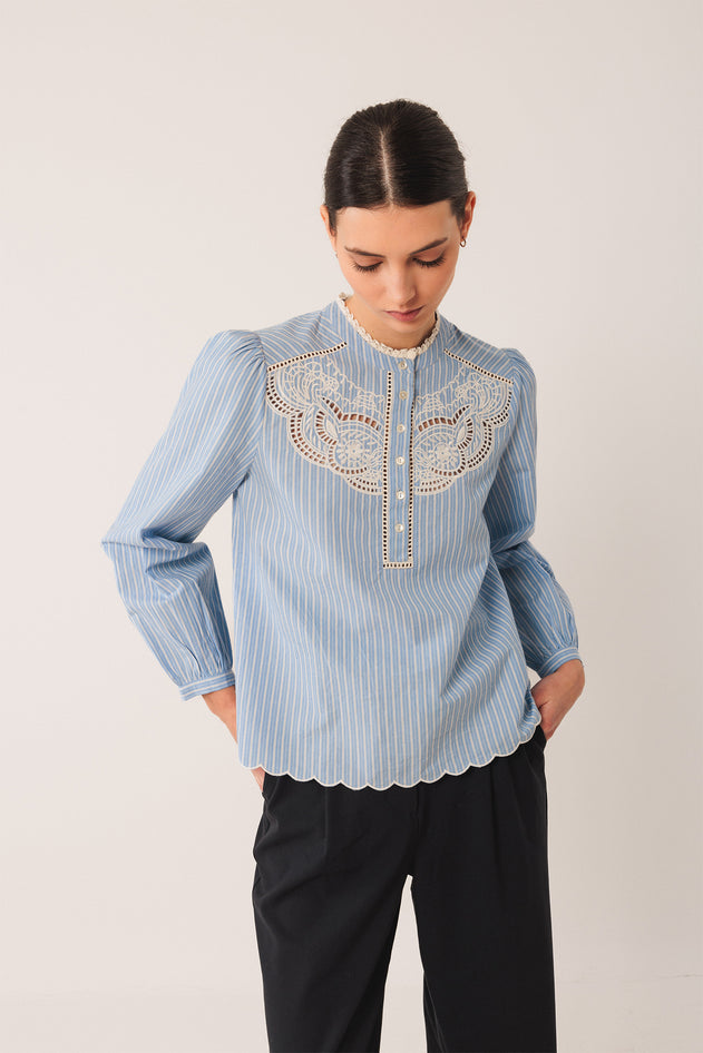 Embroidered Poplin Blouse Blue