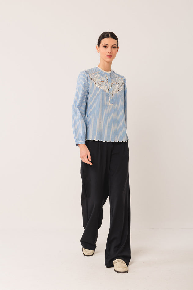 Embroidered Poplin Blouse Blue