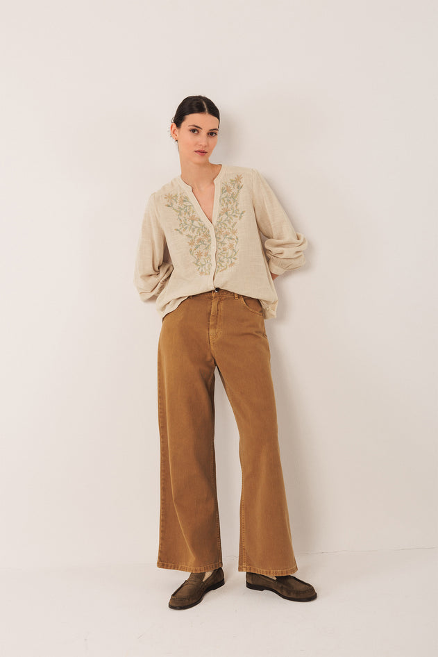 Combined Embroidered Shirt Beige