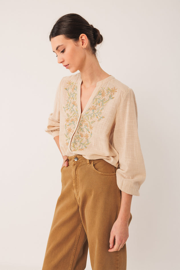 Combined Embroidered Shirt Beige
