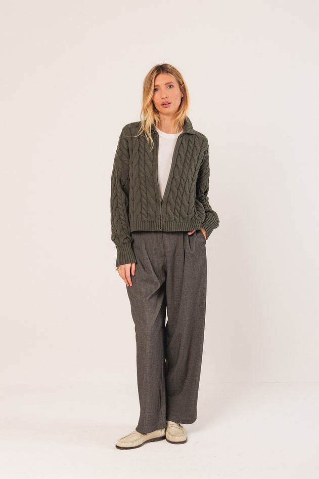 Cotton Cable Knit Cardigan Khaki