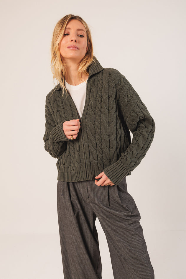 Cotton Cable Knit Cardigan Khaki