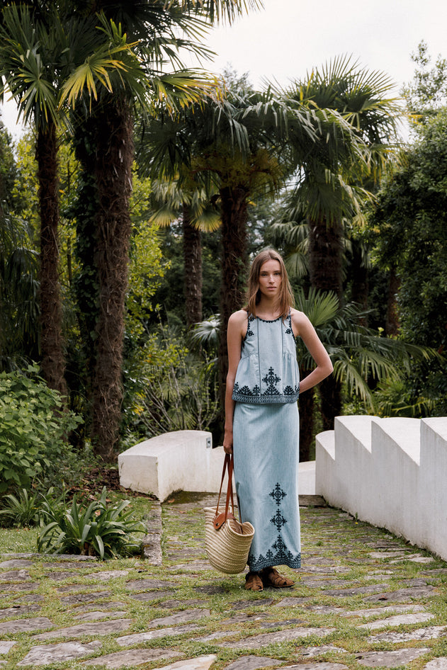 Embroidered Maxi Skirt Blue