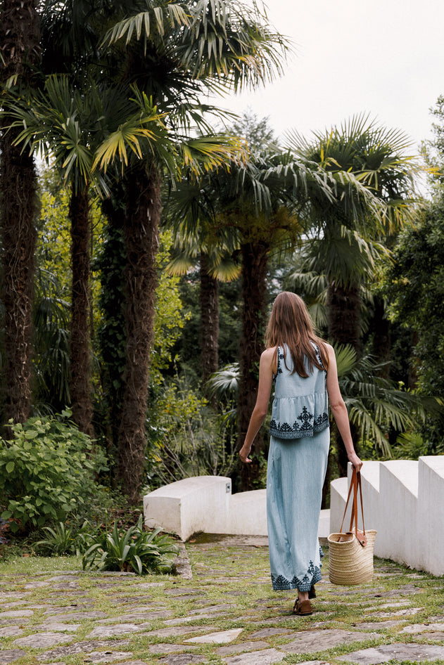 Embroidered Maxi Skirt Blue
