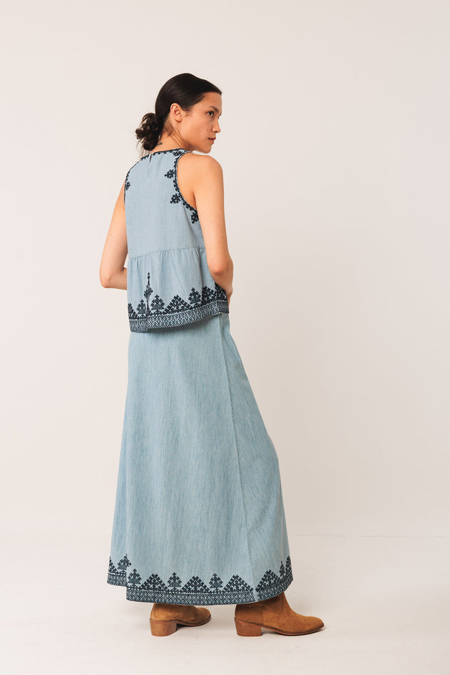 Embroidered Maxi Skirt Blue