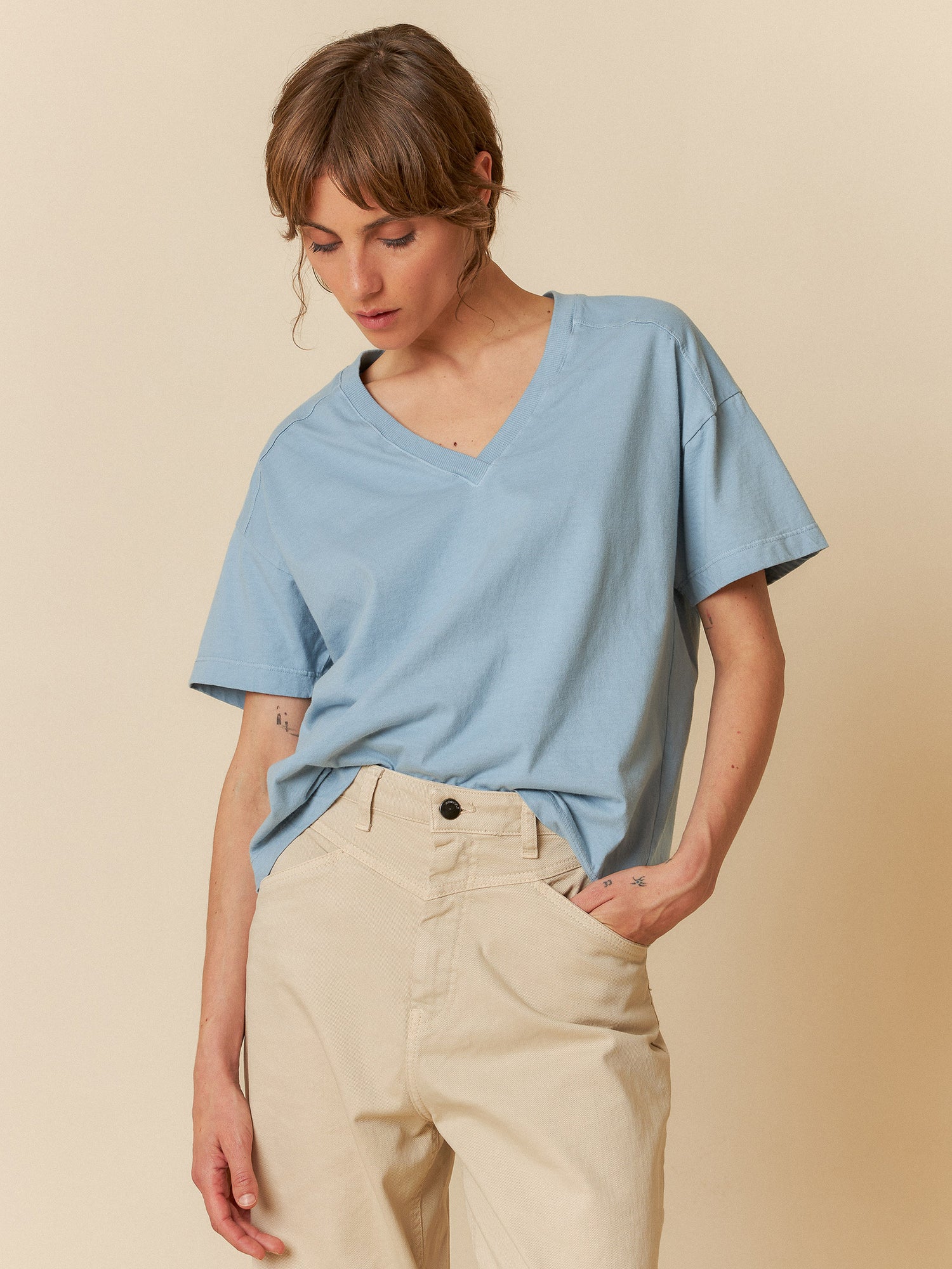 V-Neck Cotton T-Shirt Vintage Blue