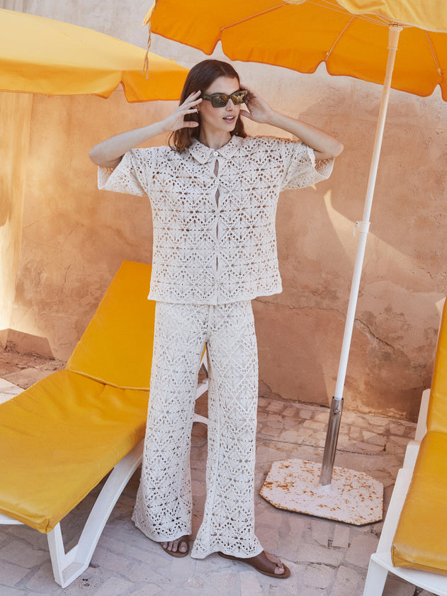 Short-Sleeved Crochet Jacket Ecru