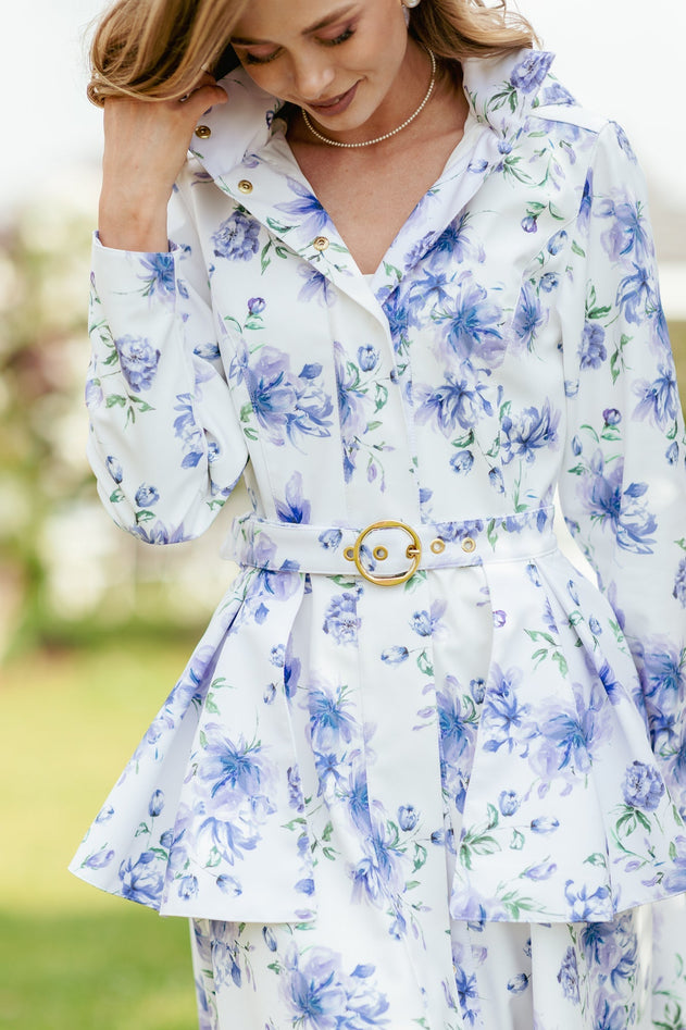 Fit and Flare Raincoat with A-Line Hem Floral White