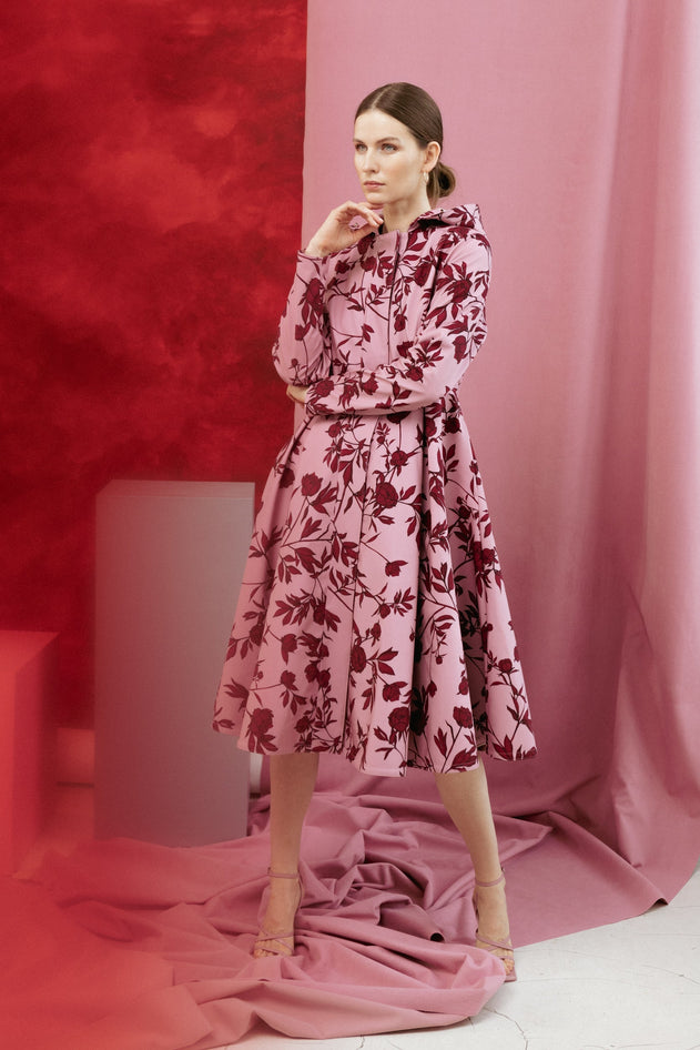 Fit and Flare Raincoat with Pleated Hem Pink Peony Bloom