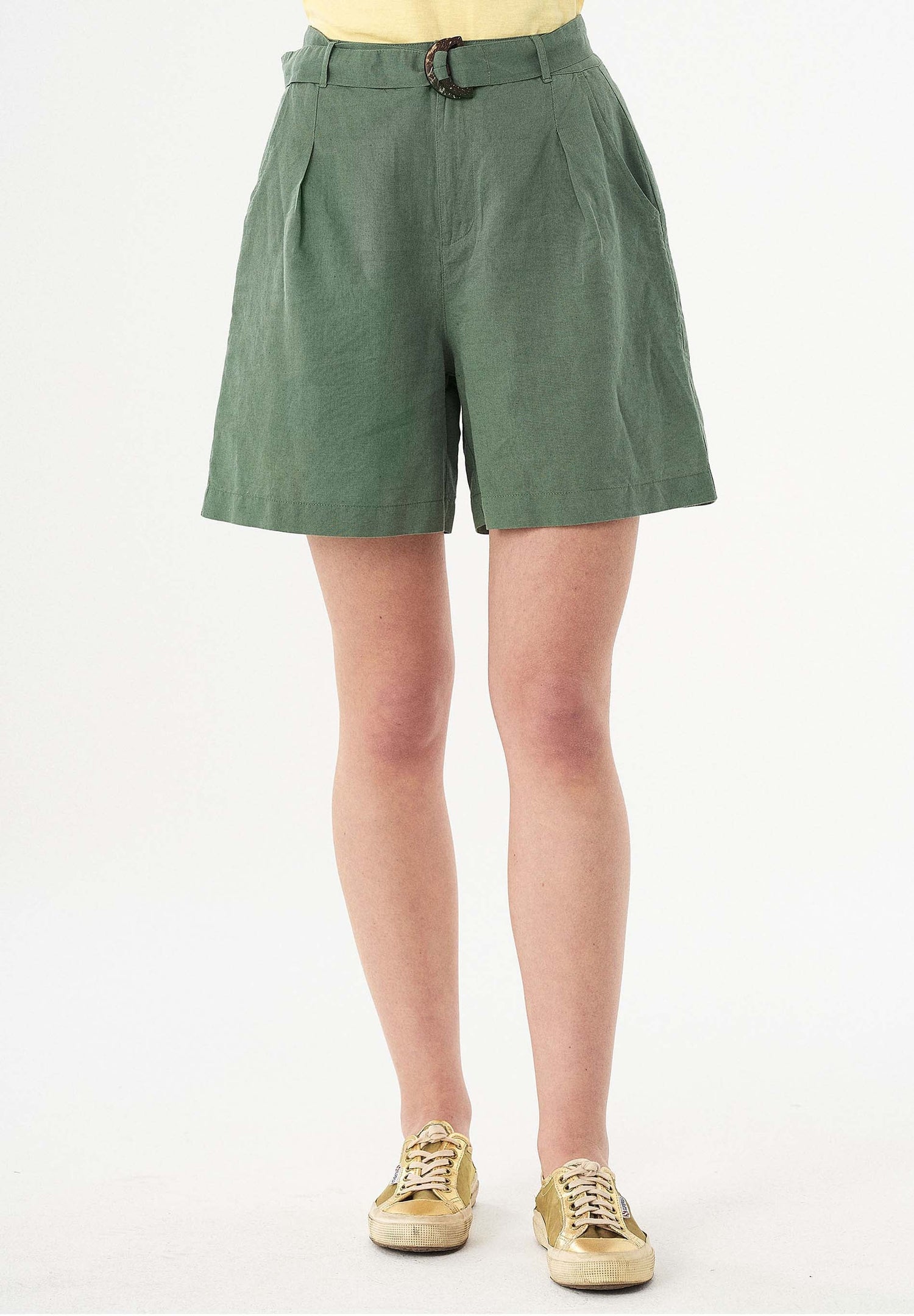 Belted Linen-Cotton Shorts Fern Green