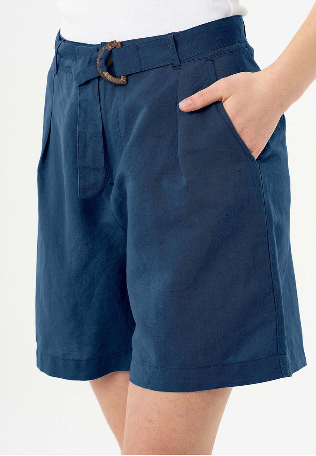 Belted Linen-Cotton Shorts Navy