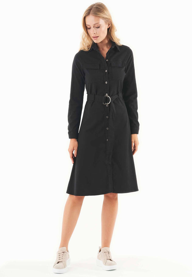 Belted Lyocell Blend Shirt Dress Black