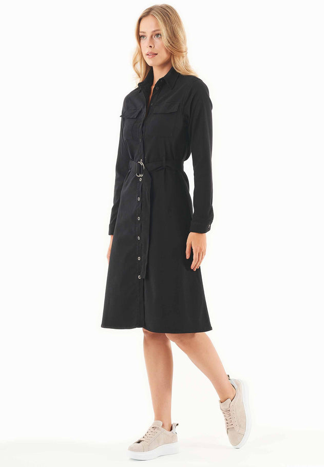 Belted Lyocell Blend Shirt Dress Black