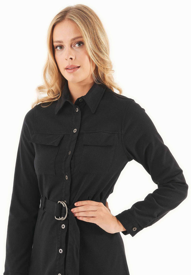 Belted Lyocell Blend Shirt Dress Black