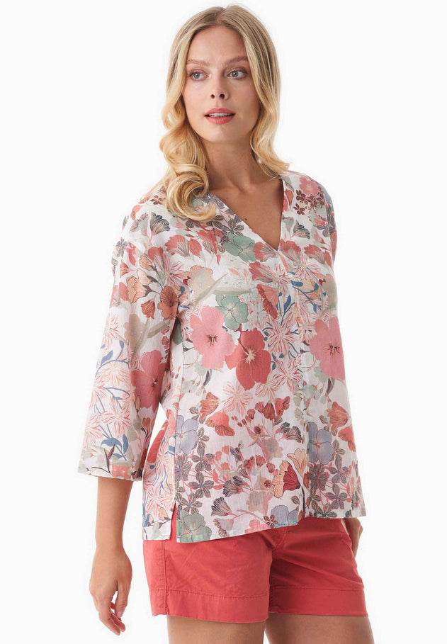 Patterned Organic Cotton Voile V-Neck Blouse Flower Garden