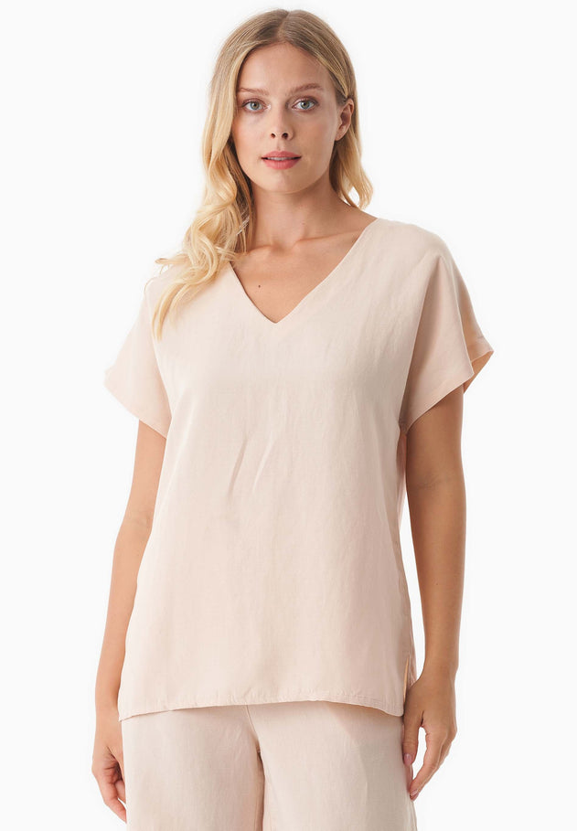 Linen-Lyocell Blend V-Neck Blouse Soft Beige