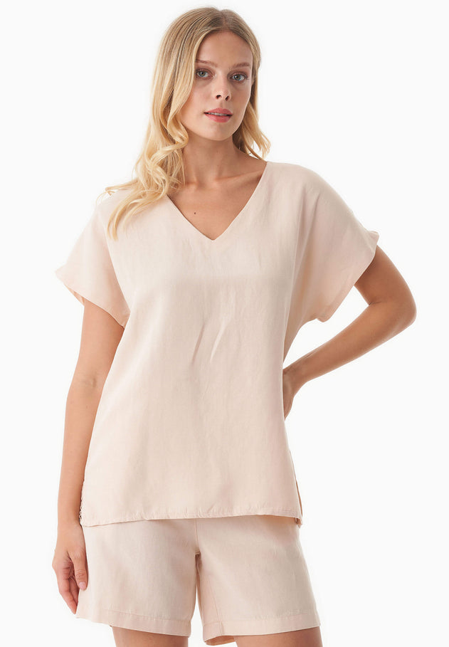 Linen-Lyocell Blend V-Neck Blouse Soft Beige