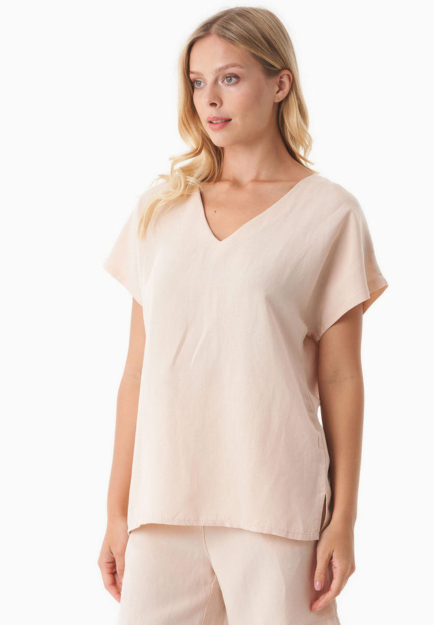 Linen-Lyocell Blend V-Neck Blouse Soft Beige