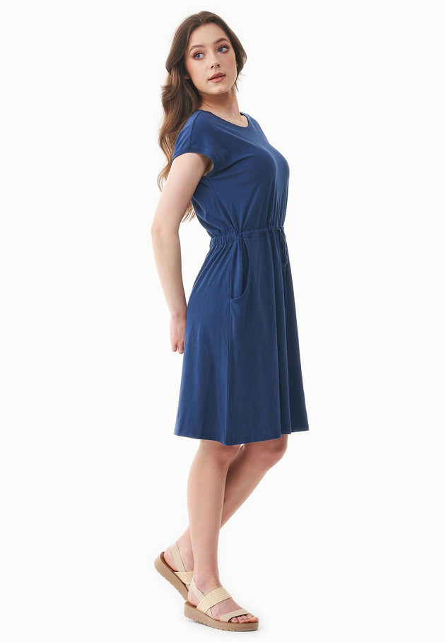 Short Sleeved Linen Blend Jersey Dress Navy