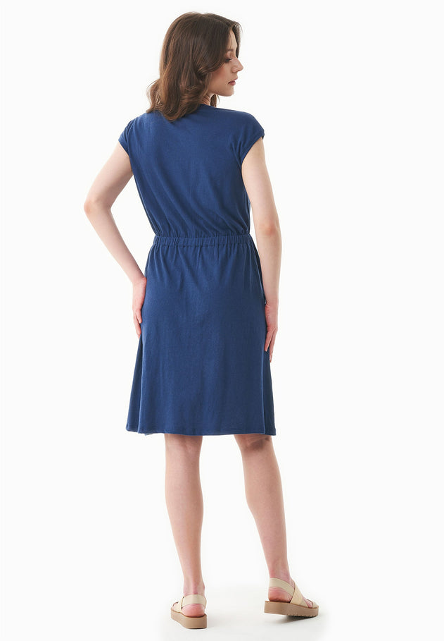 Short Sleeved Linen Blend Jersey Dress Navy