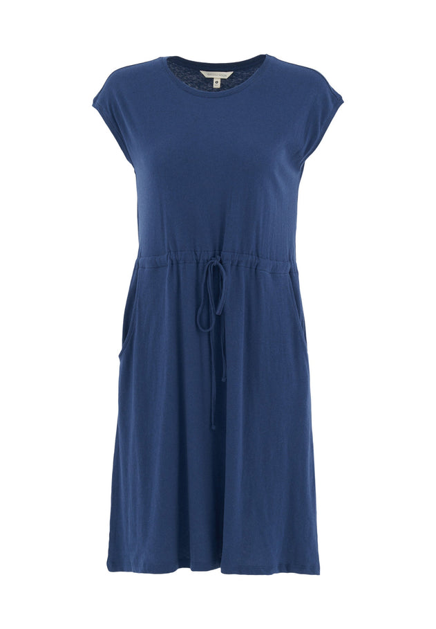 Short Sleeved Linen Blend Jersey Dress Navy