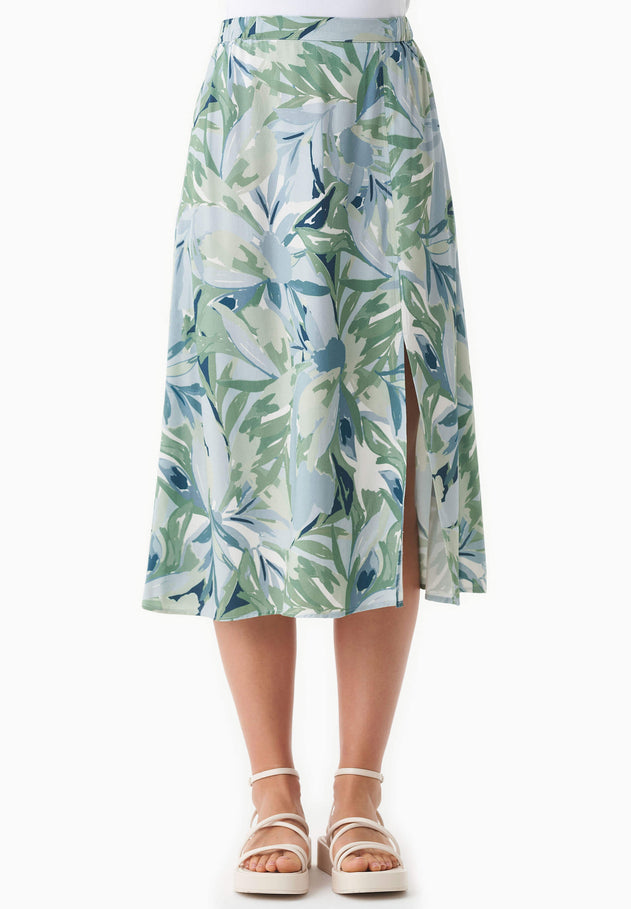 Patterned Viscose Midi Skirt Abstract Leaf