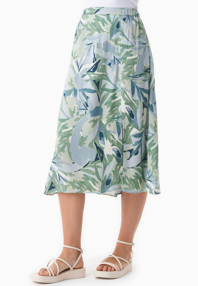 Patterned Viscose Midi Skirt Abstract Leaf
