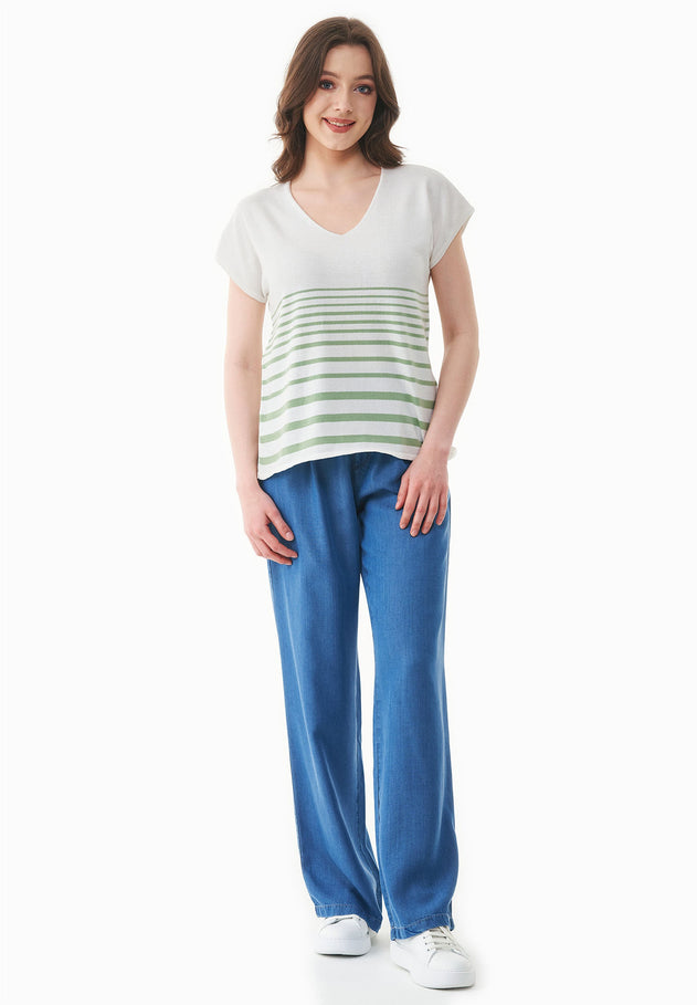 Women's Striped Knit T-Shirt Off White/Matcha Green