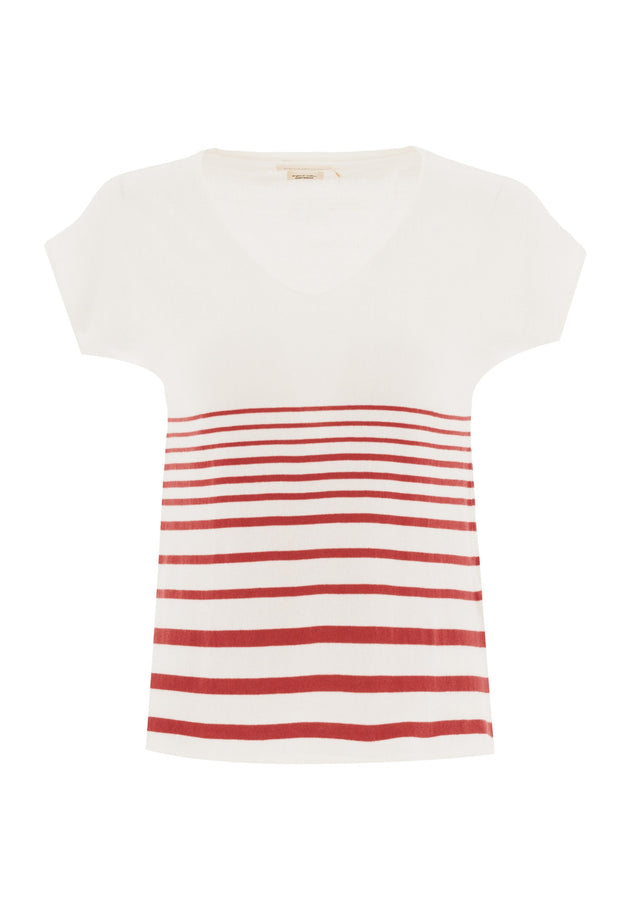 Women's Striped Knit T-Shirt Off White/Radiant Red