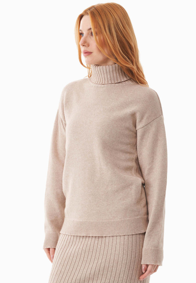 Wool Blend Turtleneck Knit Beige Melange