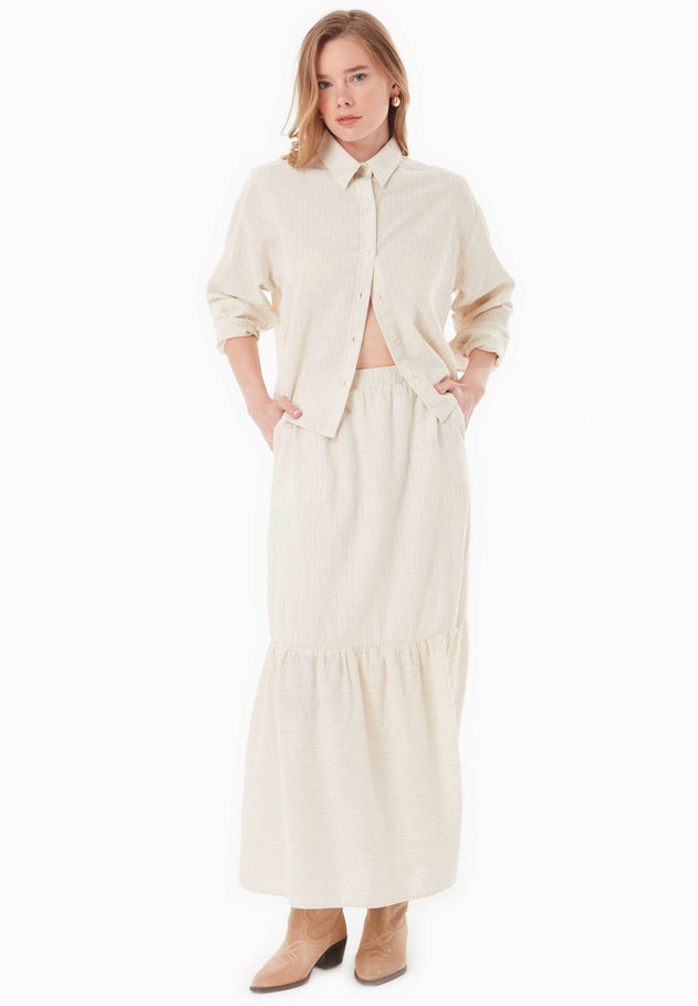 Striped Long Tiered Skirt Natural/Off White