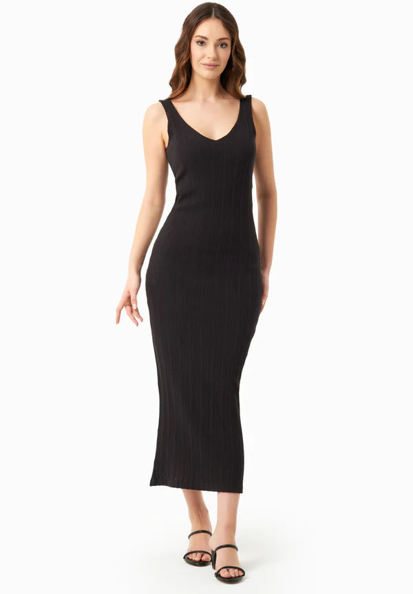 Jacquard Rib V-Neck Dress Black